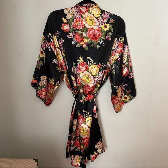 Ladygang Robe Floral Print Black Sleepwear Casual Neutral Adjustable one size - Picture 8 of 11